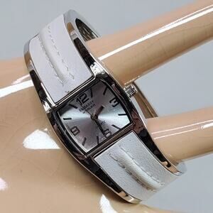 Embassy Clamp Statement Wristwatch Faux White Leather & Silver Tone